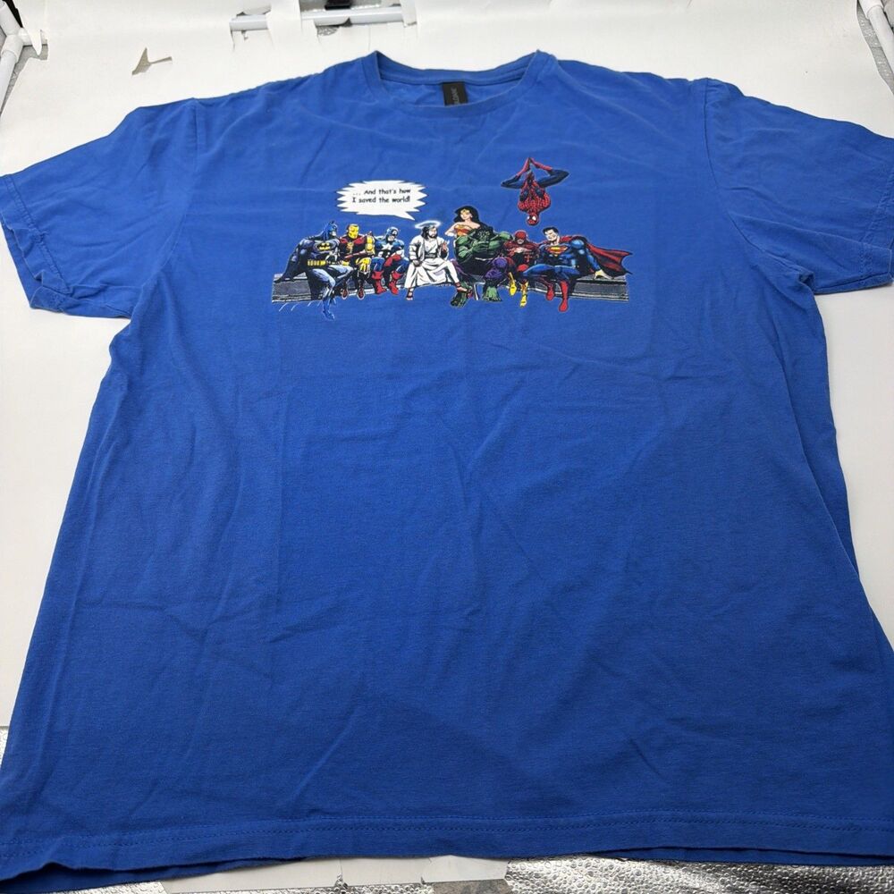 Jesus Superhero Mens That’s How I Saved The World Blue Christian T-Shirt Large